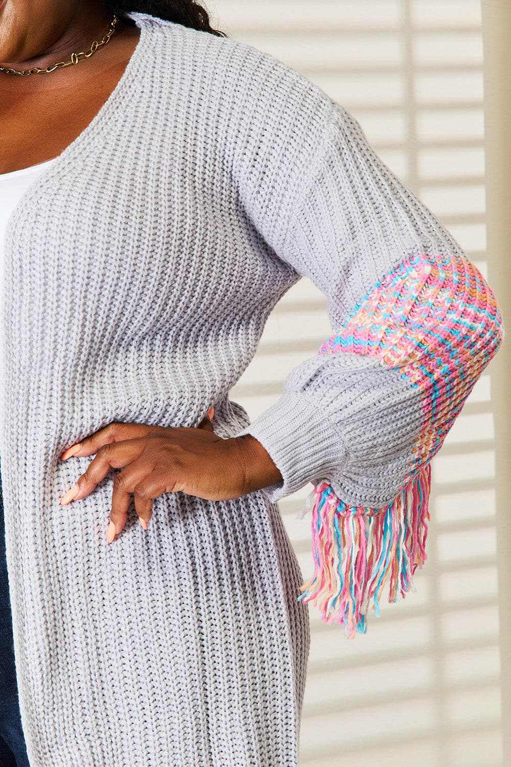 Woven Right fringe sleeve cardigan - Love Salve